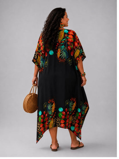Frenzi Kaftan-Kleid Bordüren-Print – Tencel, Zipfelsaum – 5 Farben – Einheitsgröße 48–60