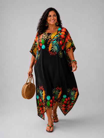 Frenzi Kaftan-Kleid Bordüren-Print – Tencel, Zipfelsaum – 5 Farben – Einheitsgröße 48–60
