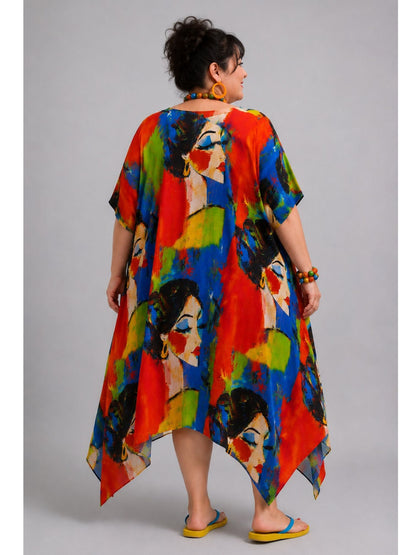 Frenzi Kaftan-Kleid Oversize – Rot/Blau – Tencel, Zipfelsaum – Einheitsgröße 48–60