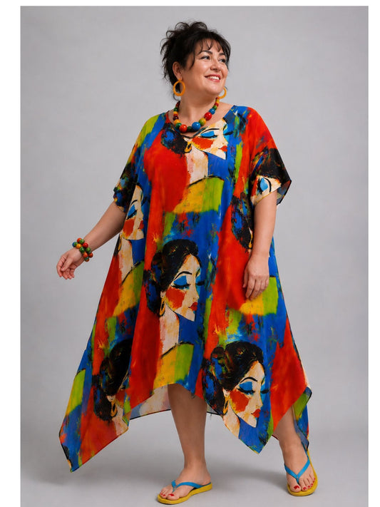 Frenzi Kaftan-Kleid Oversize – Rot/Blau – Tencel, Zipfelsaum – Einheitsgröße 48–60