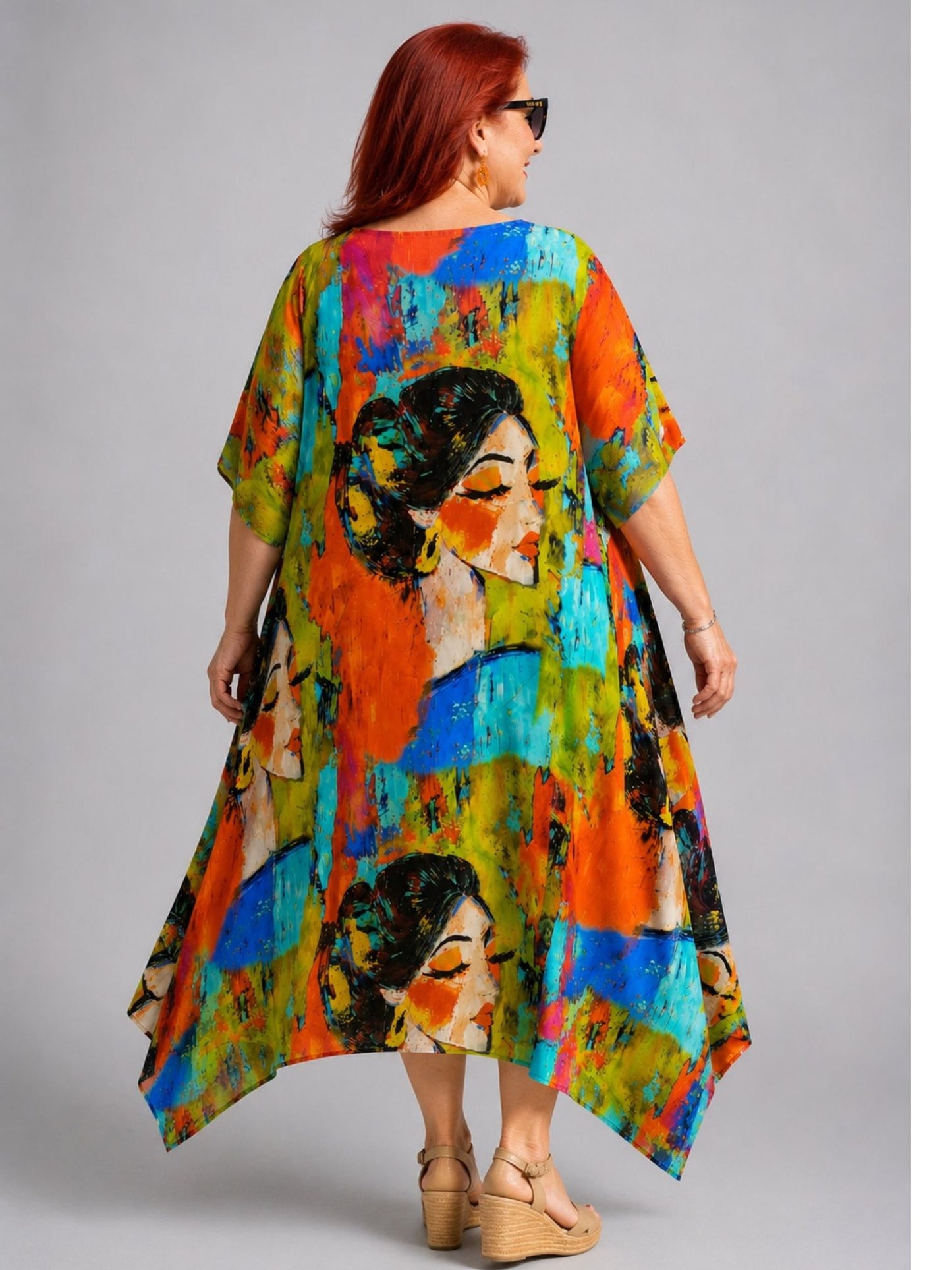 Frenzi Kaftan-Kleid Oversize – Orange/Kiwi – Tencel, Zipfelsaum – Einheitsgröße 48–60