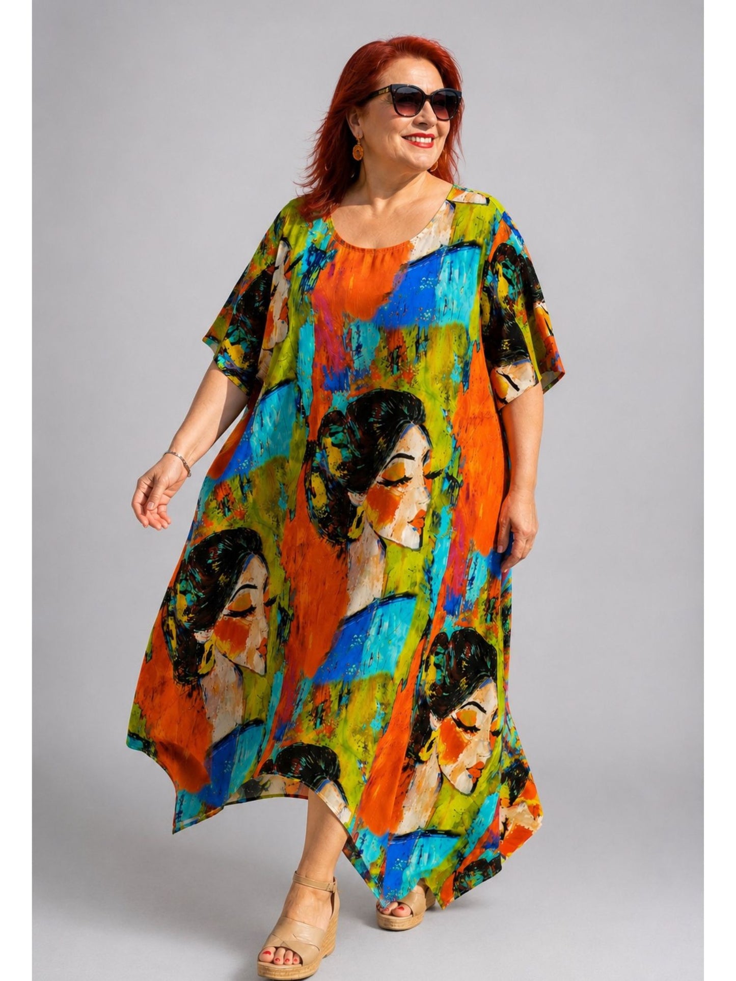 Frenzi Kaftan-Kleid Oversize – Orange/Kiwi – Tencel, Zipfelsaum – Einheitsgröße 48–60