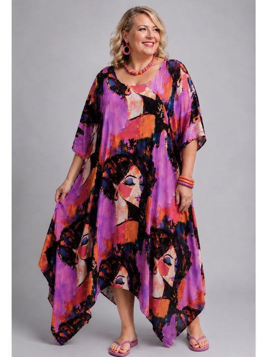Frenzi Kaftan-Kleid Oversize – Pink/Lila – Tencel, Zipfelsaum – Einheitsgröße 48–60
