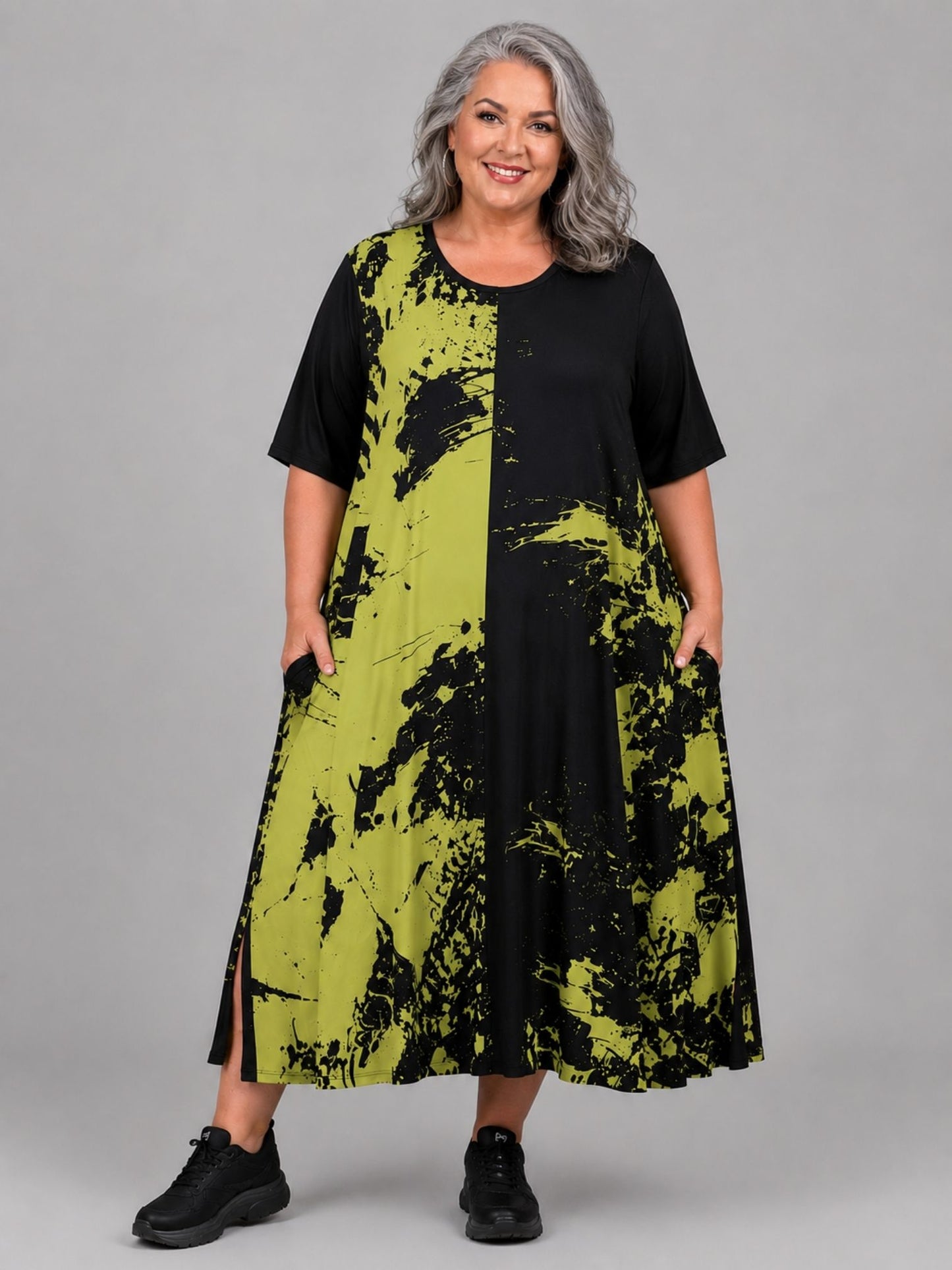 Frenzi Kleid Graffiti-Print Pink, Grün & Weiß – Exklusiv mit Schlitzen, Einheitsgröße 44–58