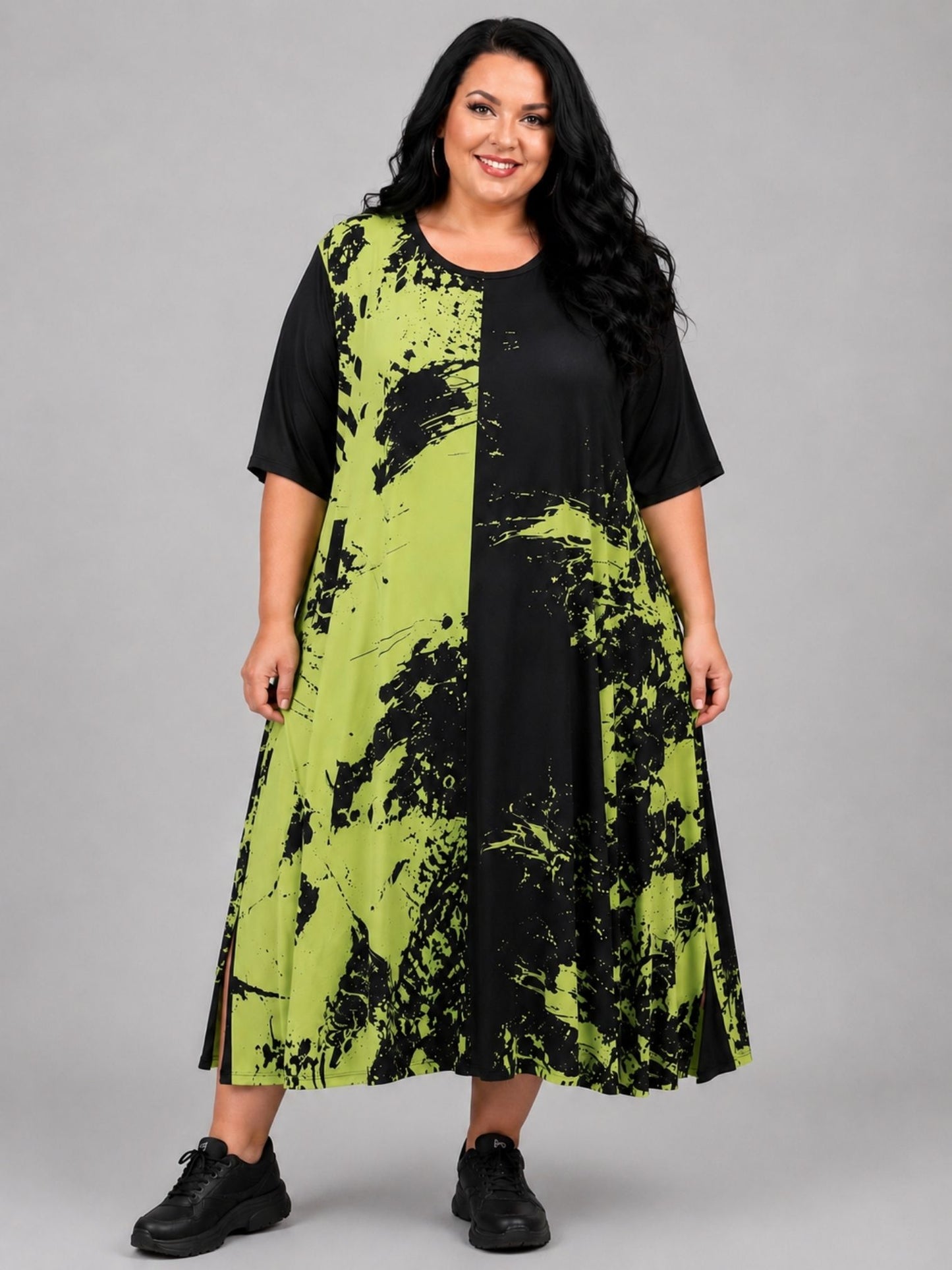 Frenzi Kleid Graffiti-Print Pink, Grün & Weiß – Exklusiv mit Schlitzen, Einheitsgröße 44–58