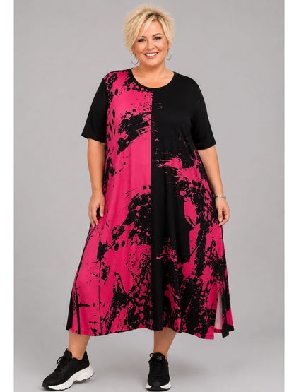 Frenzi Kleid Graffiti-Print Pink, Grün & Weiß – Exklusiv mit Schlitzen, Einheitsgröße 44–58