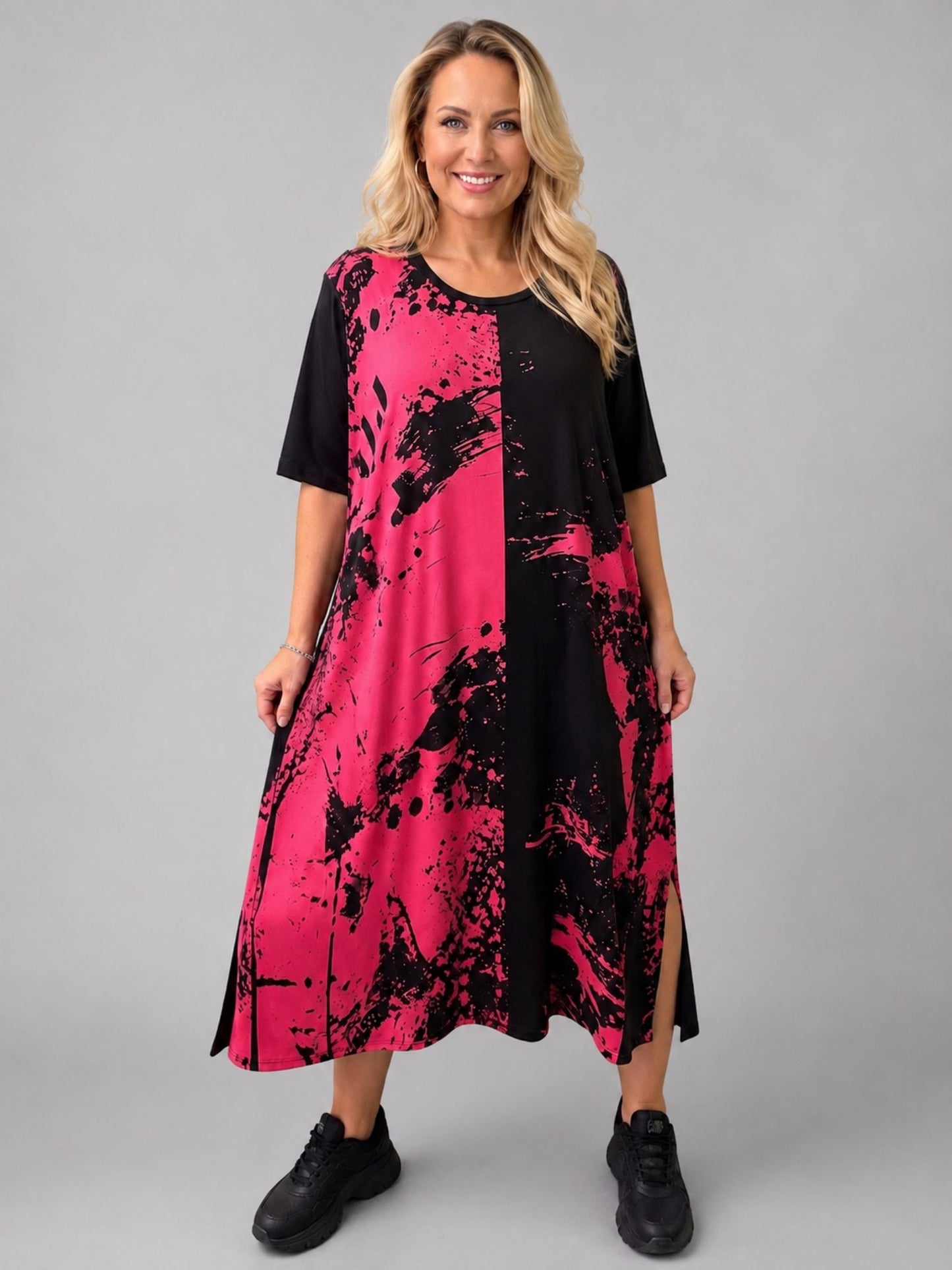 Frenzi Kleid Graffiti-Print Pink, Grün & Weiß – Exklusiv mit Schlitzen, Einheitsgröße 44–58