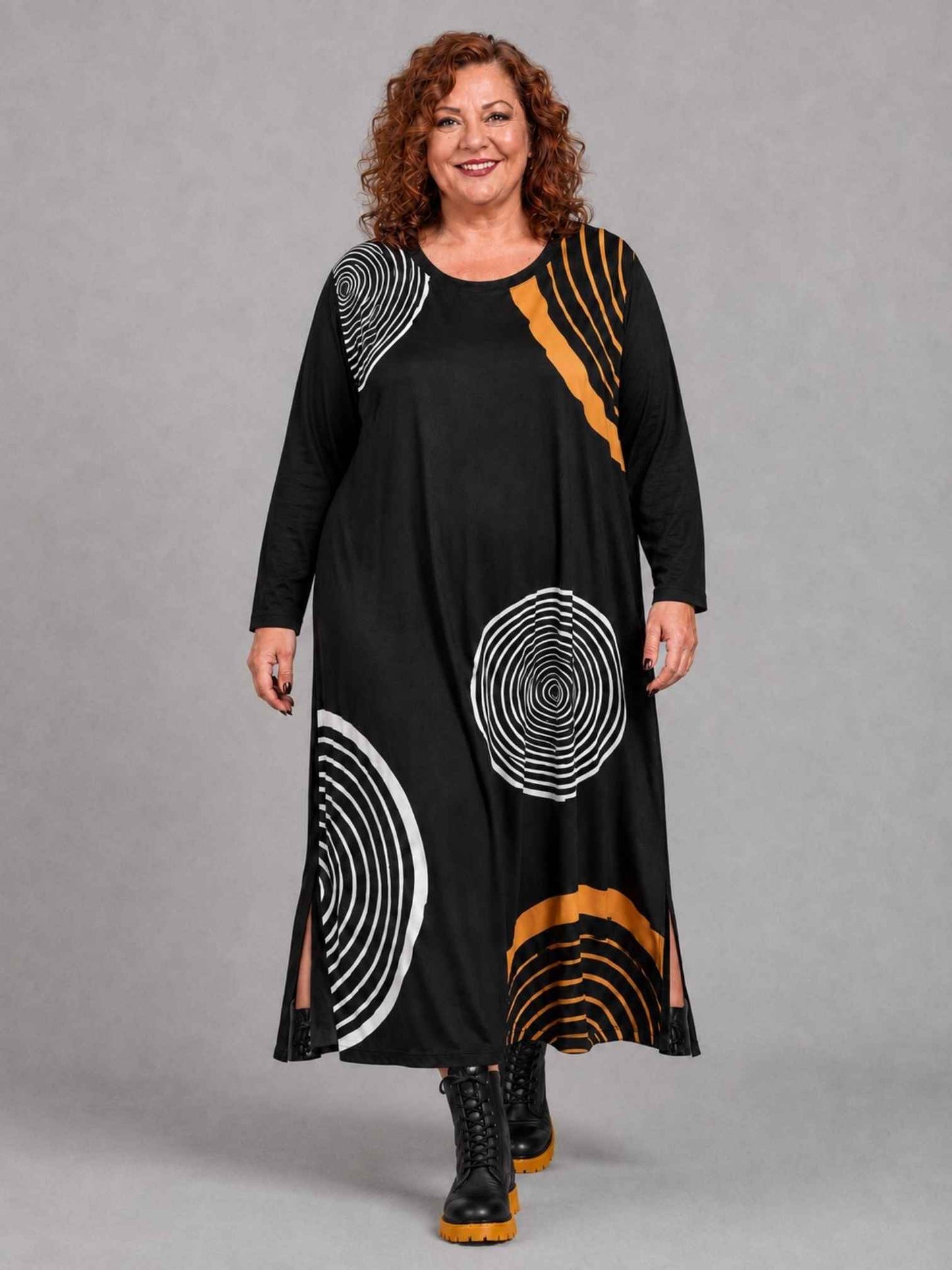 Frenzi Kleid Kreisdruck Oversize – Einheitsgröße 44–58, Schwarz/Gelb