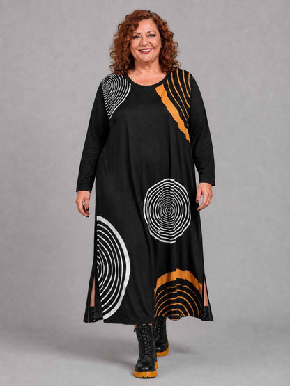 Frenzi Kleid Kreisdruck Oversize – Einheitsgröße 44–58, Schwarz/Gelb