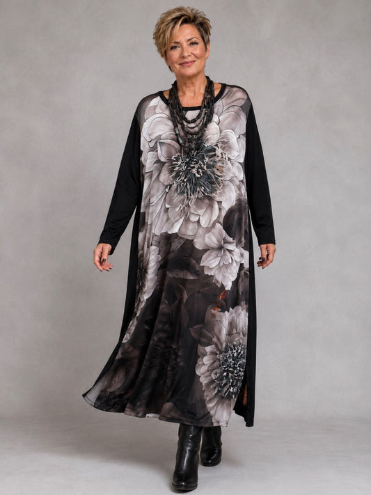 Frenzi Kleid Blütendruck Oversize – Einheitsgröße 44–58, Schwarz/Weiß