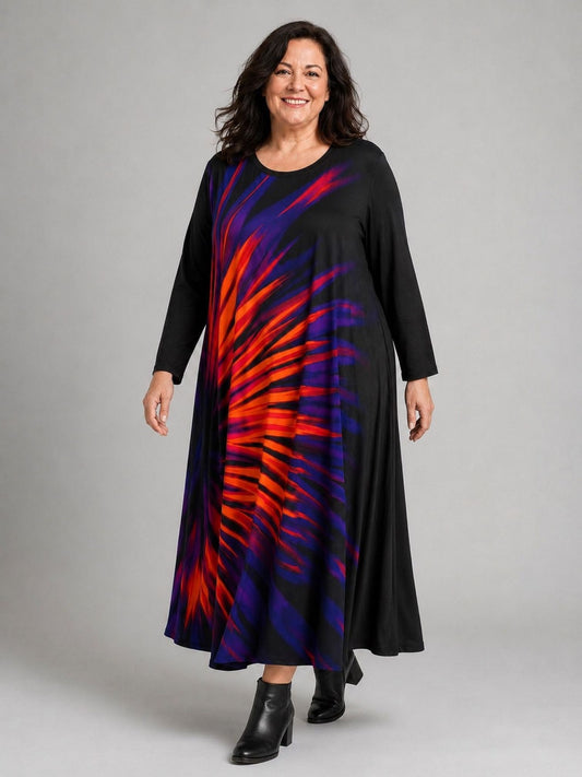 Frenzi Kleid Strahlendruck Oversize – Einheitsgröße 44–58, Schwarz/Bunt