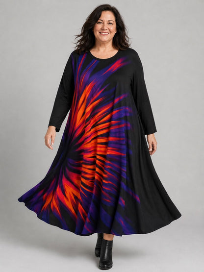 Frenzi Kleid Strahlendruck Oversize – Einheitsgröße 44–58, Schwarz/Bunt