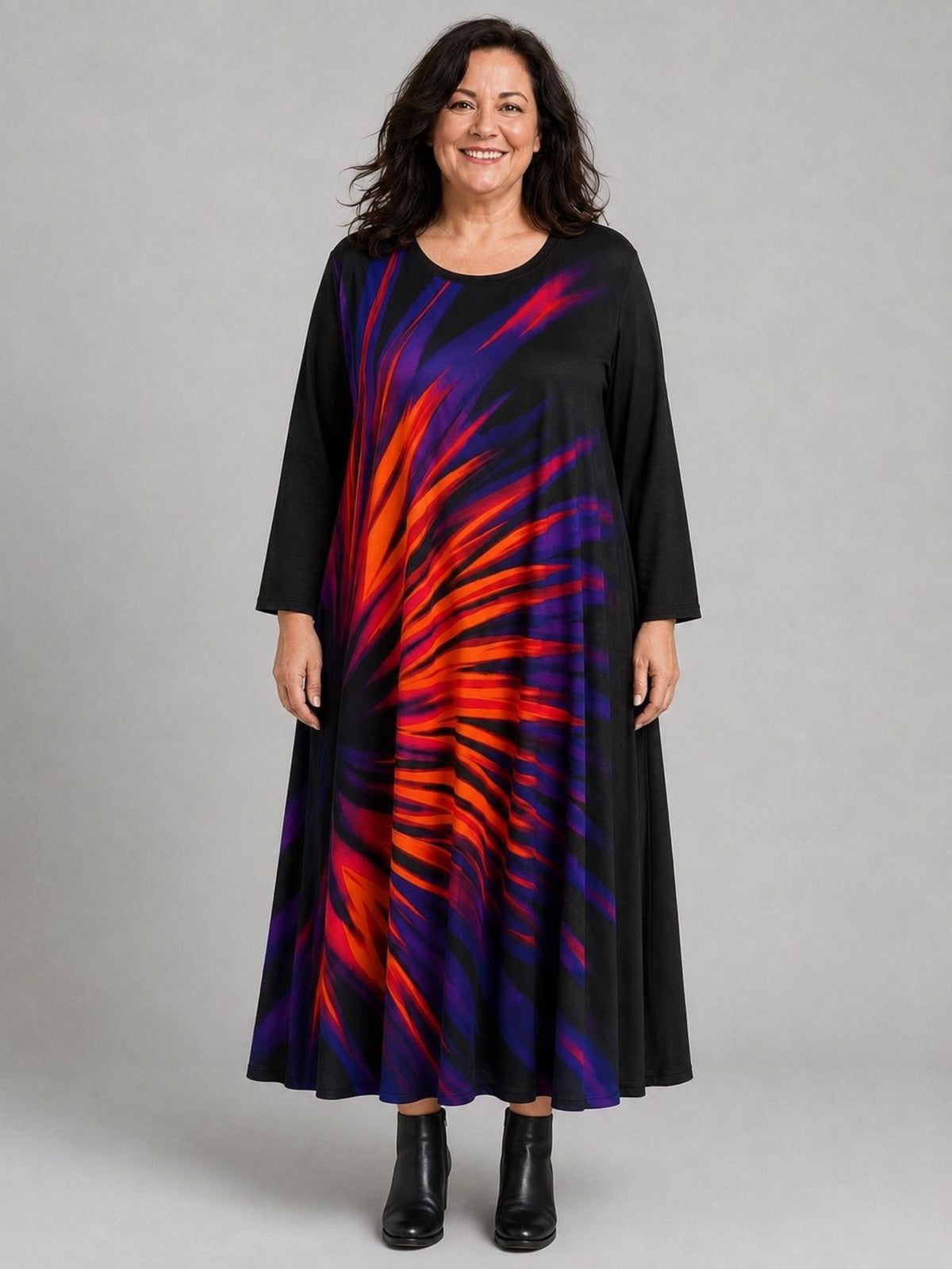 Frenzi Kleid Strahlendruck Oversize – Einheitsgröße 44–58, Schwarz/Bunt