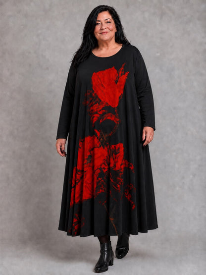 Frenzi Kleid Blütendruck Rot Oversize – Einheitsgröße 44–58, Schwarz/Rot
