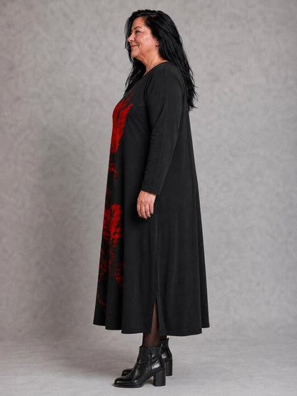 Frenzi Kleid Blütendruck Rot Oversize – Einheitsgröße 44–58, Schwarz/Rot