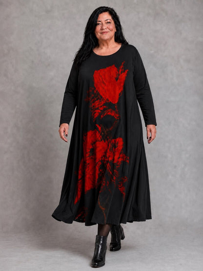 Frenzi Kleid Blütendruck Rot Oversize – Einheitsgröße 44–58, Schwarz/Rot