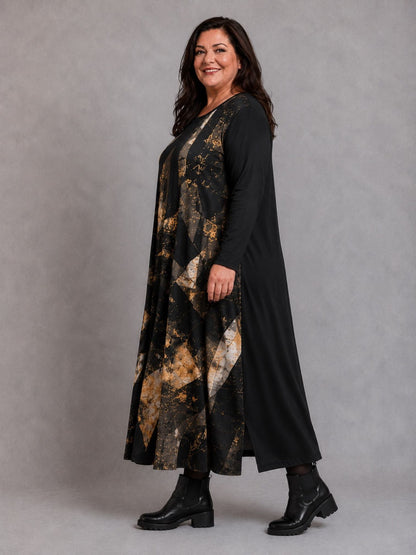 Frenzi Kleid Mosaikdruck Oversize – Einheitsgröße 44–58, Schwarz/Taupe