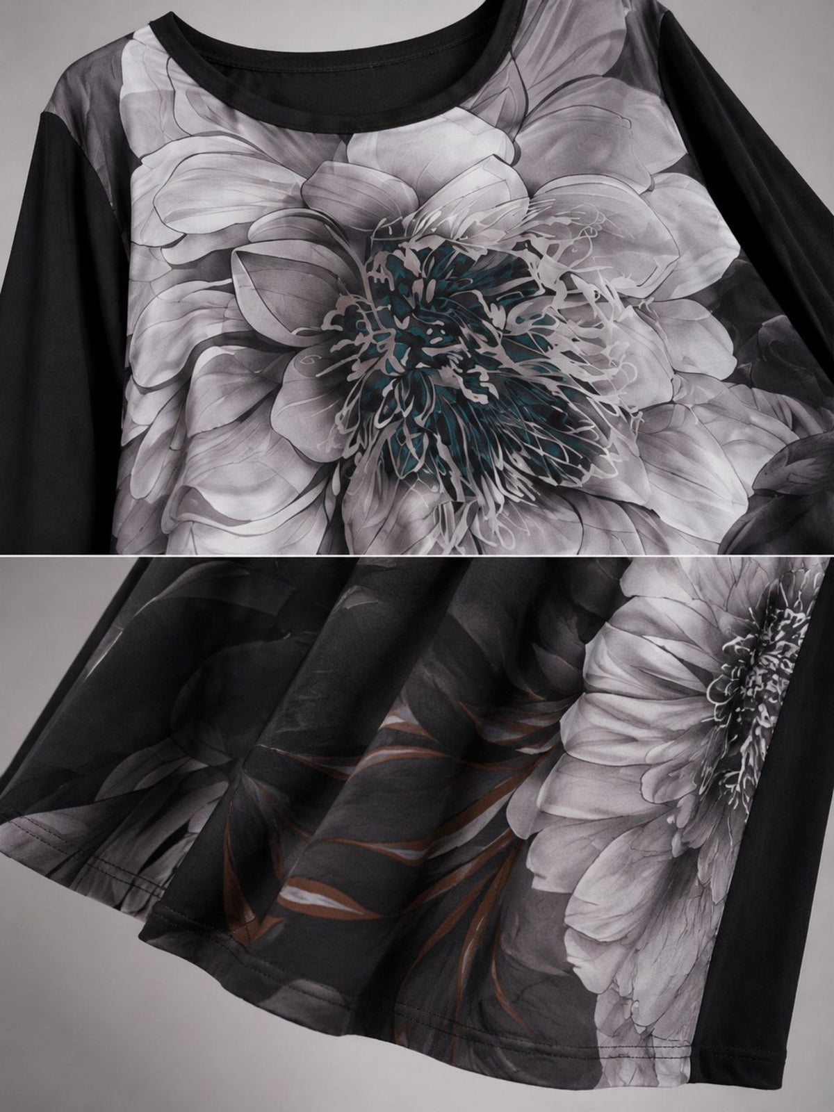 Frenzi Kleid Blütendruck Oversize – Einheitsgröße 44–58, Schwarz/Weiß