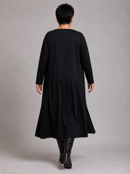 Frenzi Kleid Blütendruck Oversize – Einheitsgröße 44–58, Schwarz/Weiß