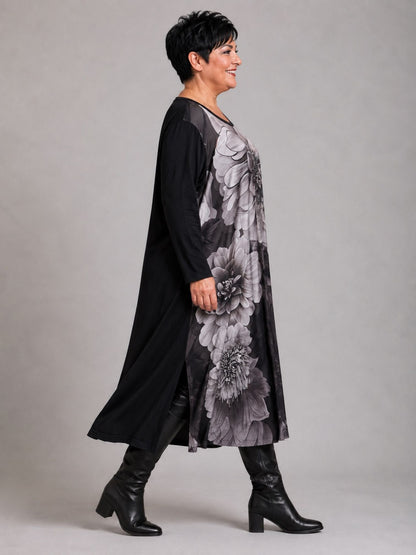 Frenzi Kleid Blütendruck Oversize – Einheitsgröße 44–58, Schwarz/Weiß