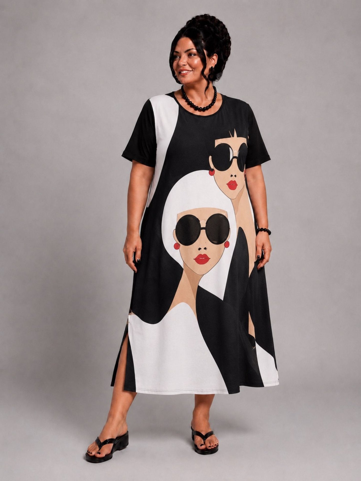 Frenzi Kleid Frauen-Print Schwarz-Weiß – mit Schlitzen, Einheitsgröße 44–58