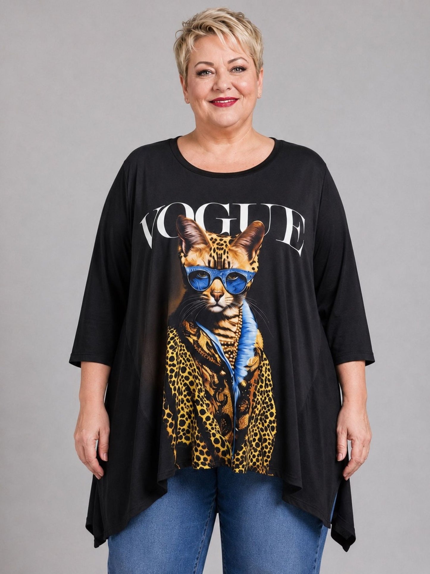Frenzi Shirt Raubkatzen-Druck im Magazin-Look Oversize – Einheitsgröße 44–56, Schwarz/Gelb