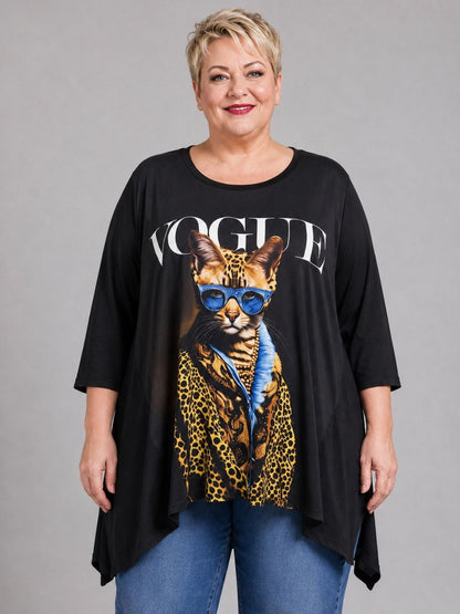 Frenzi Shirt Raubkatzen-Druck im Magazin-Look Oversize – Einheitsgröße 44–56, Schwarz/Gelb