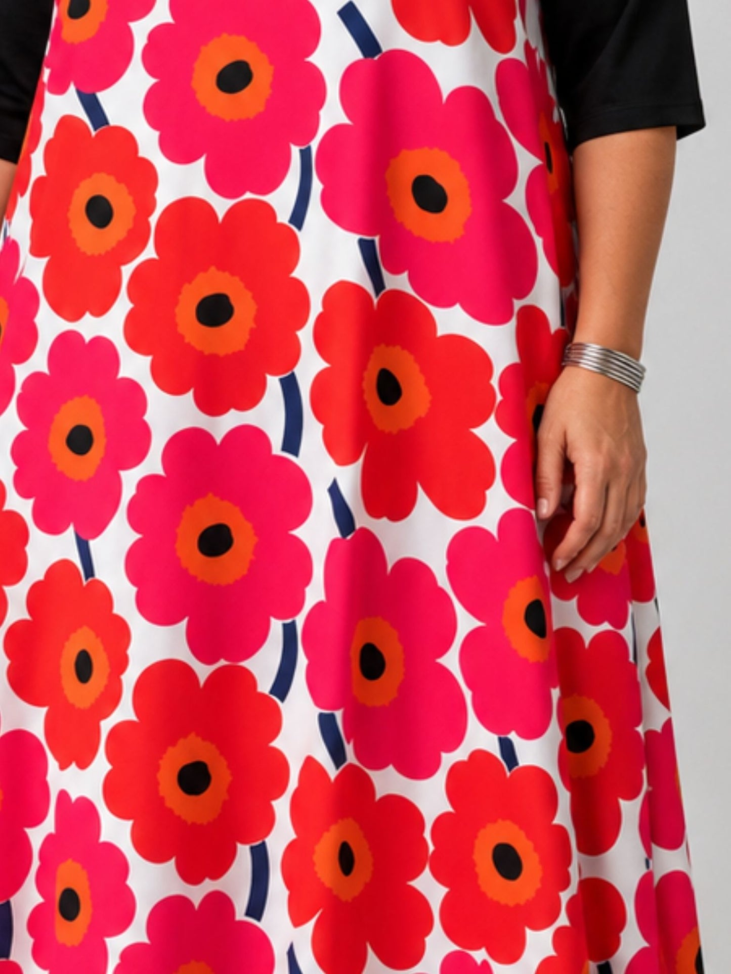 Frenzi Midi-Kleid Retro-Blumendruck A-Linie – Einheitsgröße 44–58, Schwarz, Grün, Pink, Orange