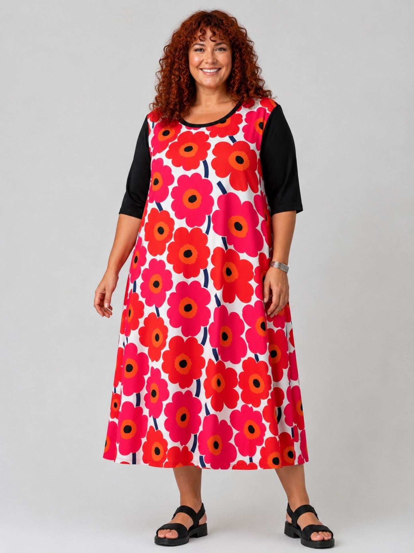 Frenzi Midi-Kleid Retro-Blumendruck A-Linie – Einheitsgröße 44–58, Schwarz, Grün, Pink, Orange