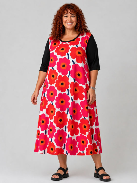 Frenzi Midi-Kleid Retro-Blumendruck A-Linie – Einheitsgröße 44–58, Schwarz, Grün, Pink, Orange