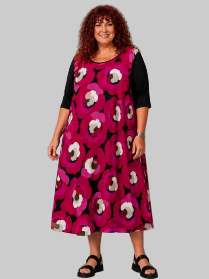 Frenzi Midi-Kleid Retro-Blumendruck A-Linie – Einheitsgröße 44–58, Schwarz, Grün, Pink, Orange