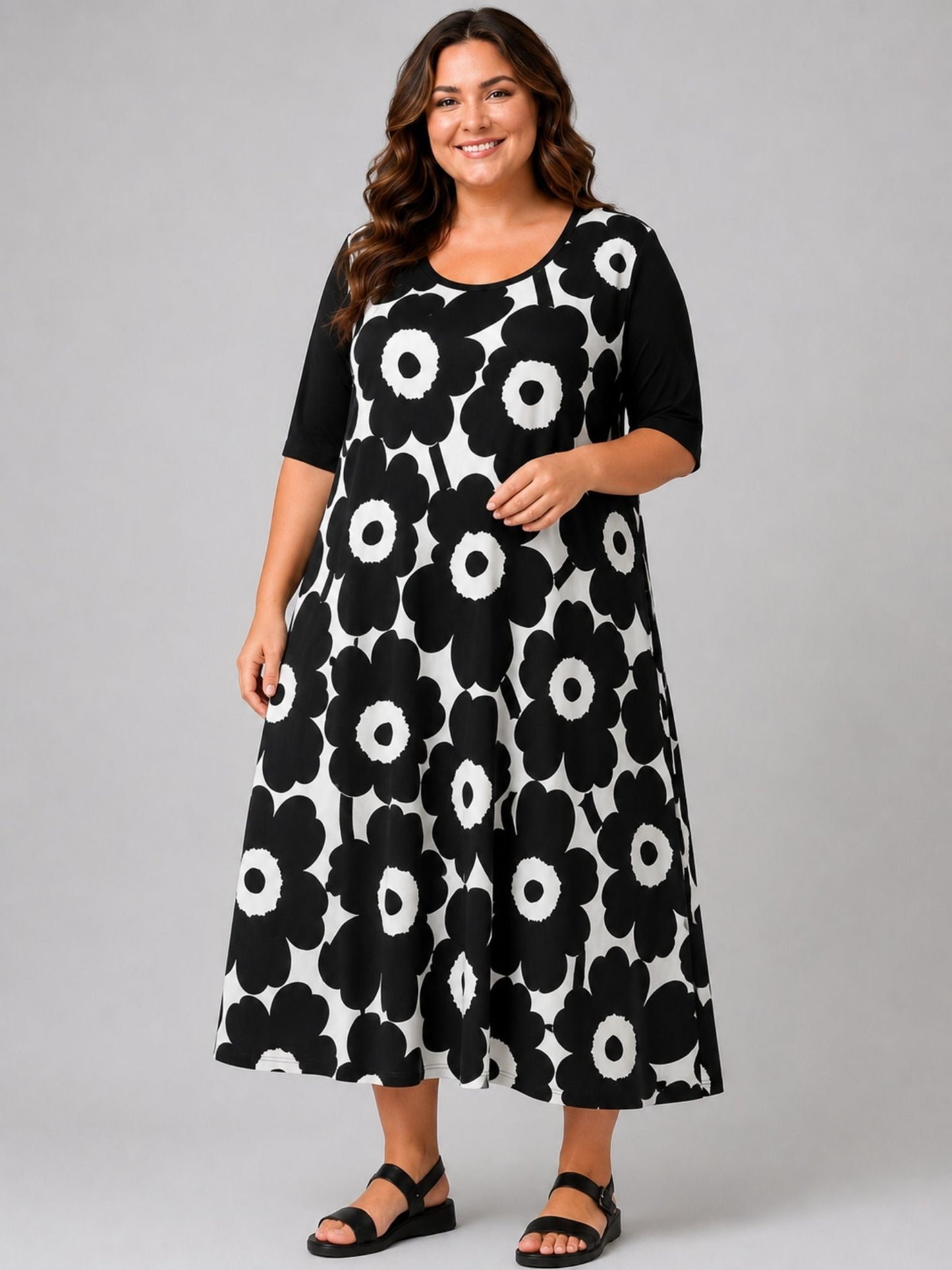 Frenzi Midi-Kleid Retro-Blumendruck A-Linie – Einheitsgröße 44–58, Schwarz, Grün, Pink, Orange