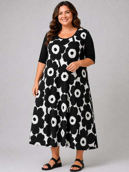 Frenzi Midi-Kleid Retro-Blumendruck A-Linie – Einheitsgröße 44–58, Schwarz, Grün, Pink, Orange