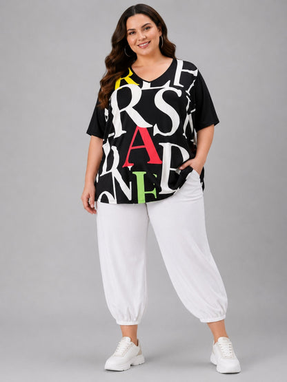 Frenzi Oversize Shirt Buchstaben-Print Schwarz – Einheitsgröße 44–58