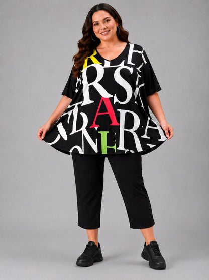 Frenzi Oversize Shirt Buchstaben-Print Schwarz – Einheitsgröße 44–58