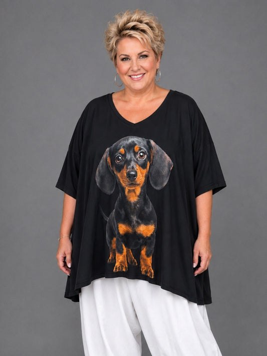 Frenzi Oversize Shirt mit Dackel-Print – große Größen 44–58 – Einheitsgröße