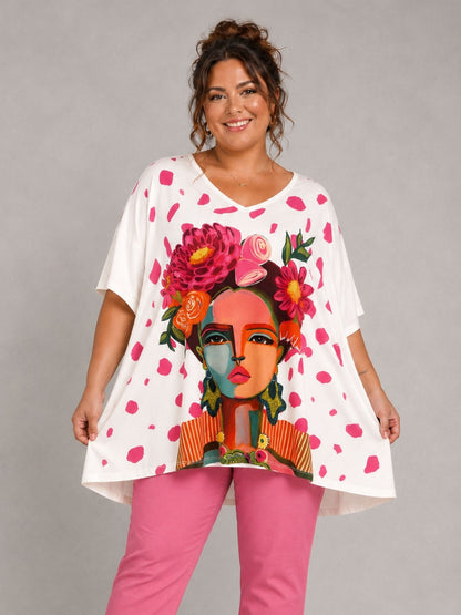 Frenzi Oversize-Shirt Frauenporträt Pop-Art – Einheitsgröße 44–58, Weiß/Pink
