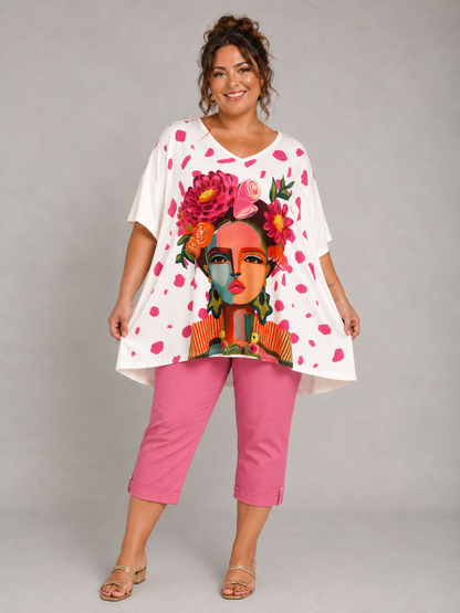 Frenzi Oversize-Shirt Frauenporträt Pop-Art – Einheitsgröße 44–58, Weiß/Pink