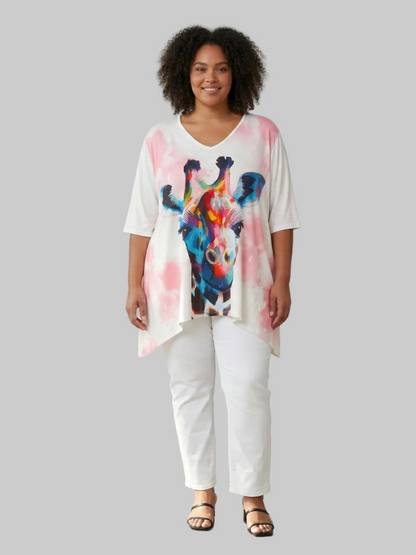 Frenzi Oversize Shirt – bunter Giraffen-Print – Große Größen 44–58