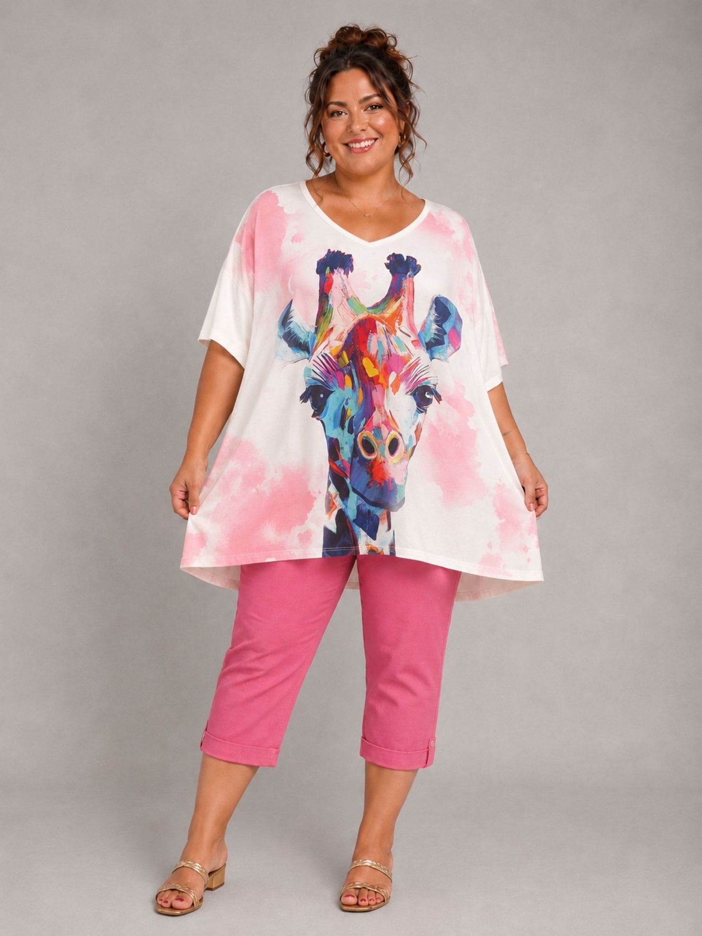 Frenzi Oversize Shirt – bunter Giraffen-Print – Große Größen 44–58