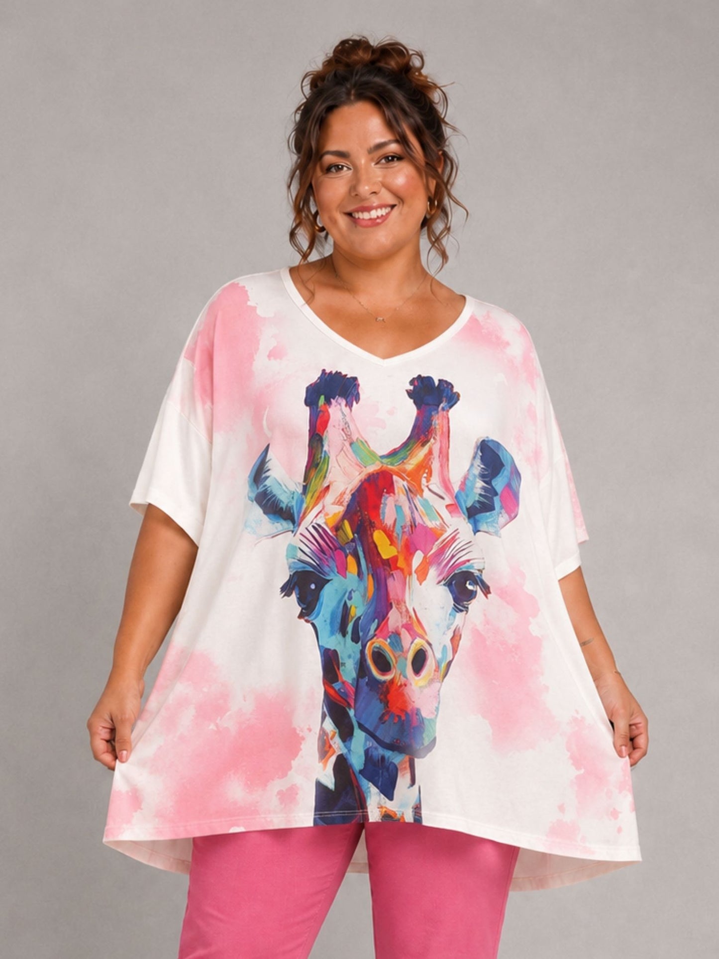 Frenzi Oversize Shirt – bunter Giraffen-Print – Große Größen 44–58