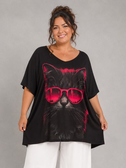 Frenzi Oversize Shirt große Größen – Katzenlook in Pink