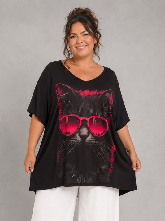 Frenzi Oversize Shirt große Größen – Katzenlook in Pink