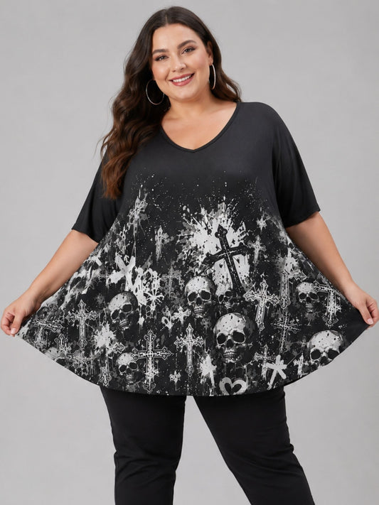 Frenzi Oversize Shirt Totenkopf-Print Schwarz-Weiß – Einheitsgröße 44–58
