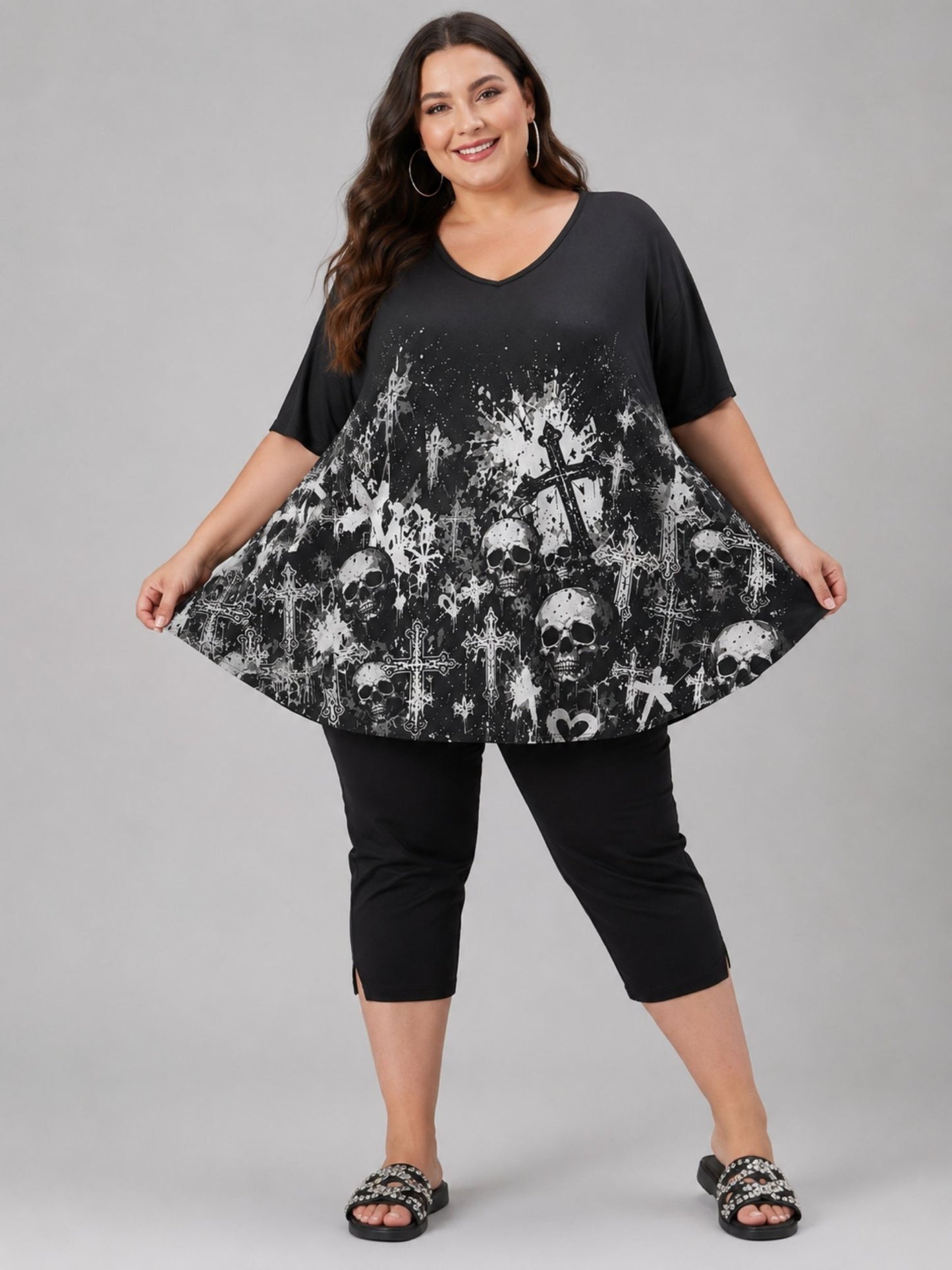 Frenzi Oversize Shirt Totenkopf-Print Schwarz-Weiß – Einheitsgröße 44–58