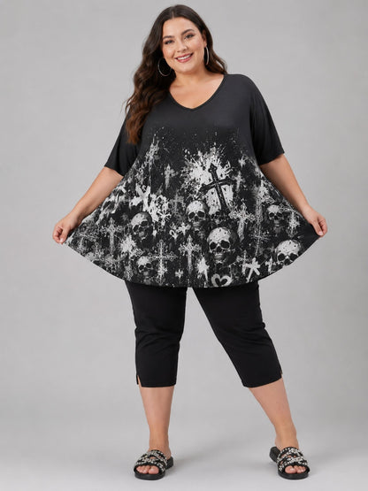 Frenzi Oversize Shirt Totenkopf-Print Schwarz-Weiß – Einheitsgröße 44–58