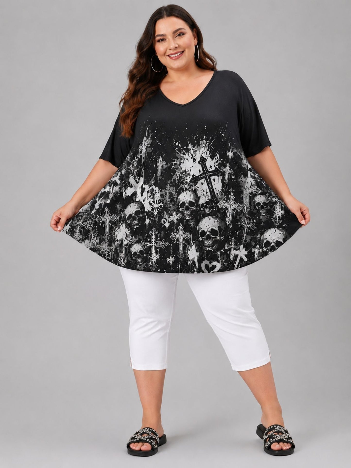 Frenzi Oversize Shirt Totenkopf-Print Schwarz-Weiß – Einheitsgröße 44–58