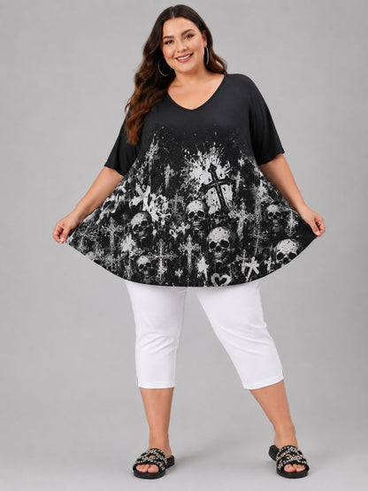 Frenzi Oversize Shirt Totenkopf-Print Schwarz-Weiß – Einheitsgröße 44–58