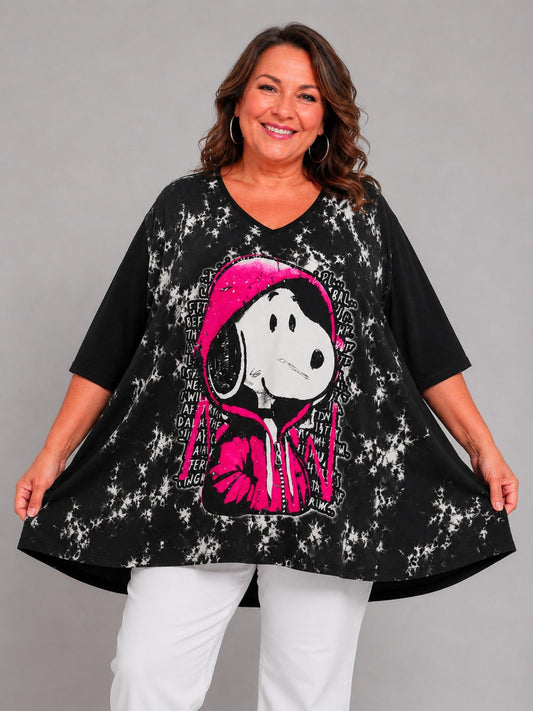 Frenzi Shirt A-Linie Comic-Hund Print Batik – Schwarz-Pink | Einheitsgröße 44–58