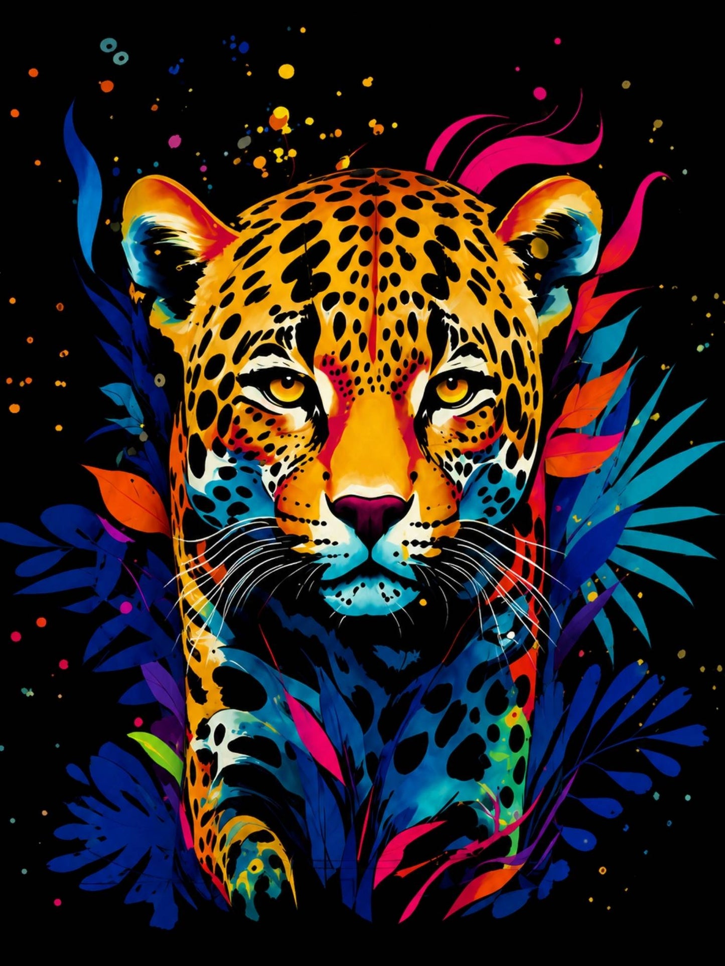 Frenzi Shirt A-Linie Leoparden-Print – Bunt auf Schwarz | Einheitsgröße 44–58